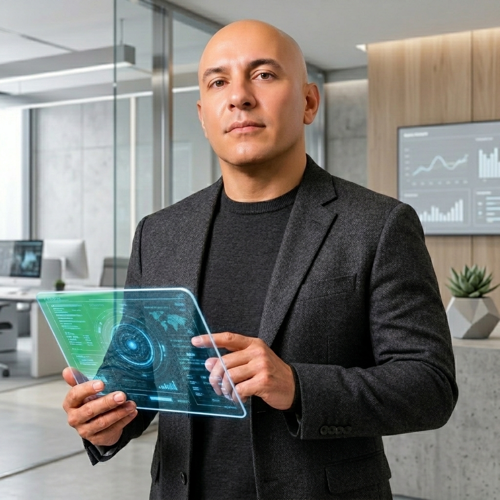 Thiago Louzado, aos 46 anos, segurando tablet transparente em escritório moderno de tecnologia